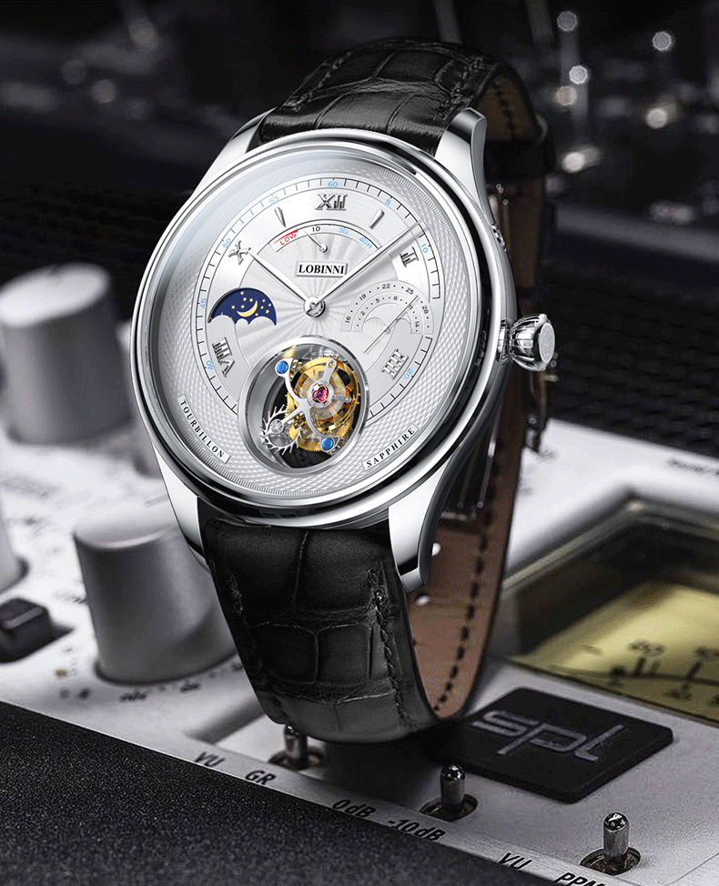 罗宾尼lobinni陀飞轮手表男镂空机械表多功能商务薄款防水皮带男表h