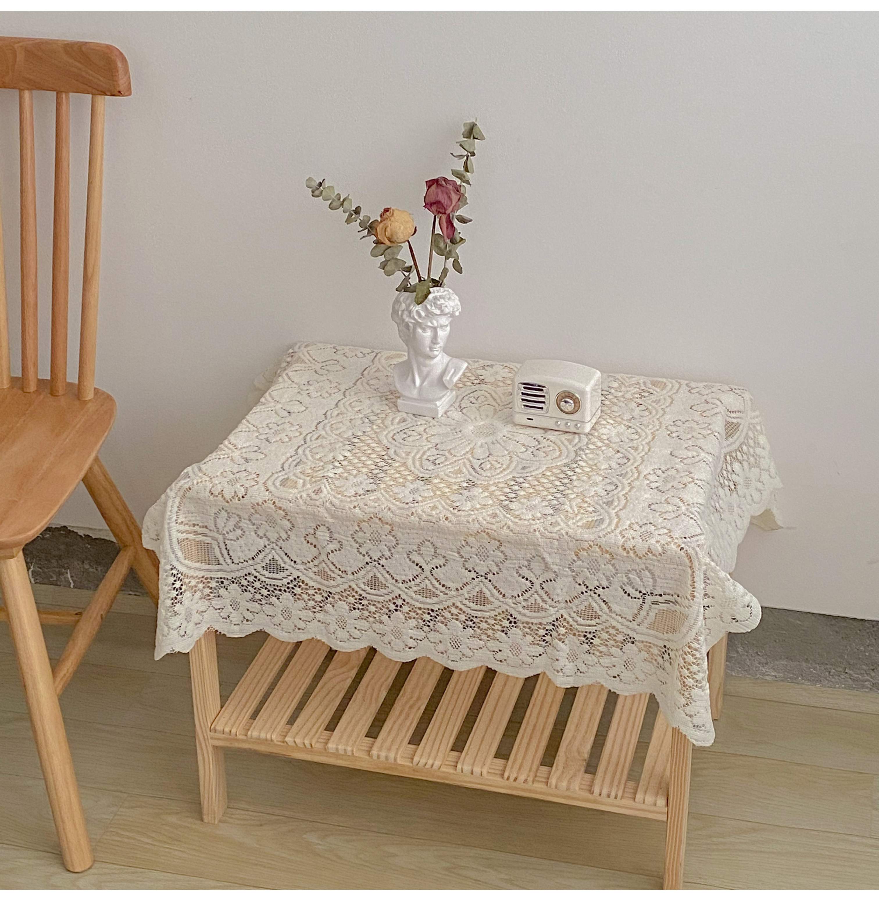花边镂空白色蕾丝桌布正方形ins复古茶几布床头柜沙发冰箱盖布米白色