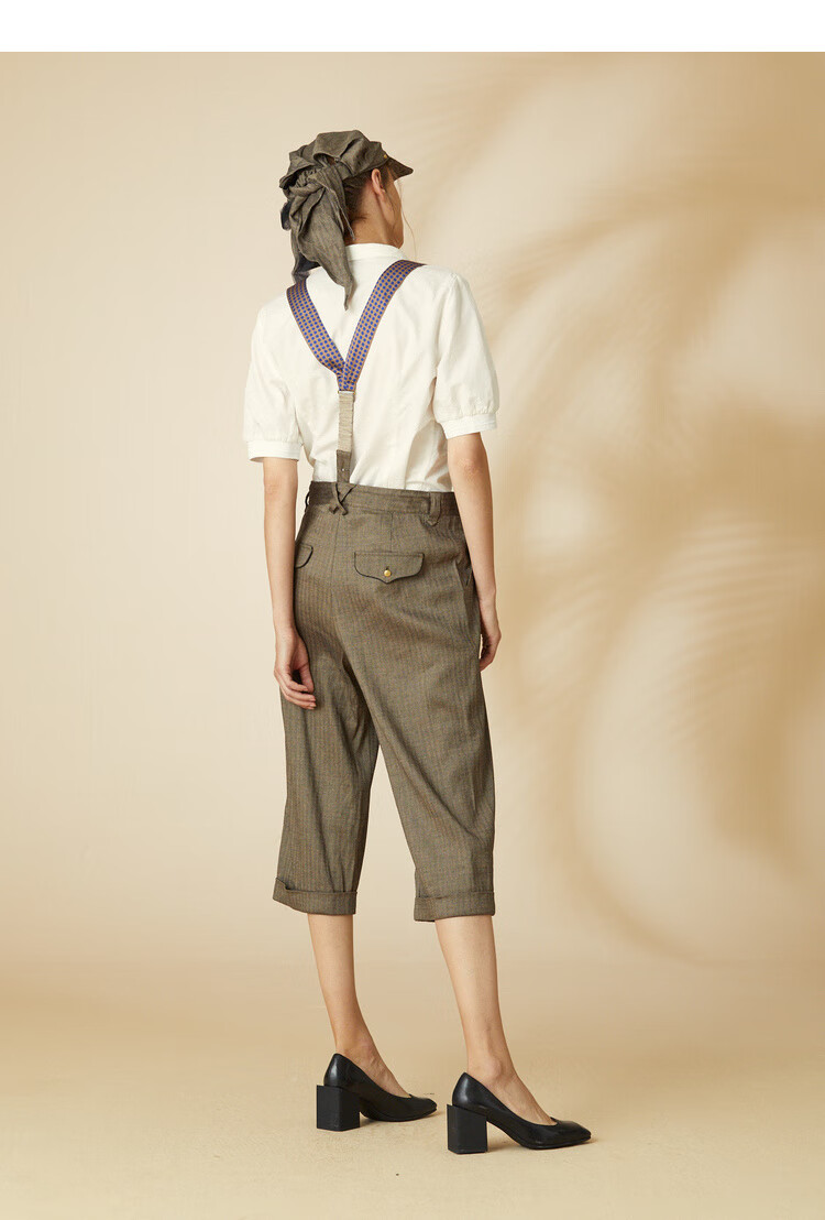 miidii谜底21春装新款复古英伦撞色人字纹背带裤长袖女202mk1060深