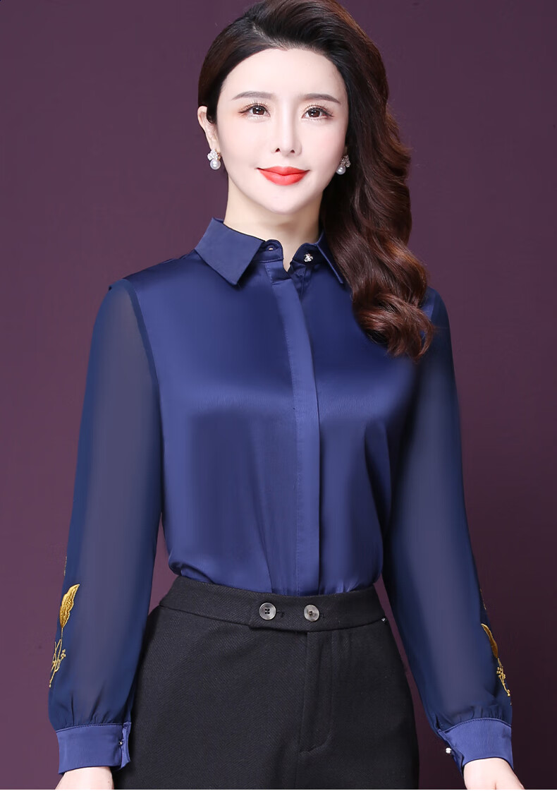 王小鸭立领上衣春秋季设计感内搭气质洋气蓝色小衫女新款雪纺衫wtz