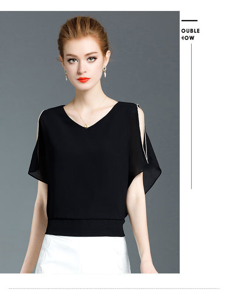 洋气雪纺衫女短袖仙黑色蝙蝠袖时尚小衫遮肚子显瘦露肩上衣 黑色 s