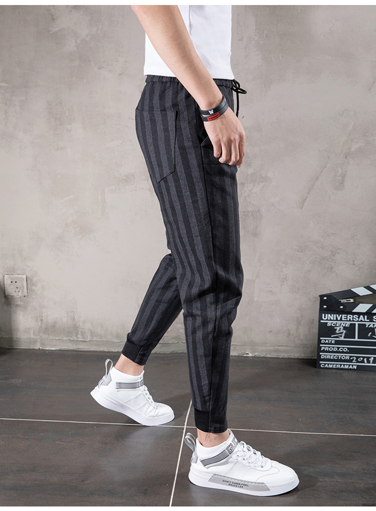 社会精神小伙休闲裤男韩版潮流修身小脚裤冬季加厚时尚竖条纹裤子