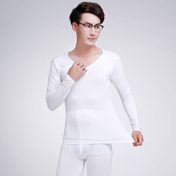 莫代尔内衣上衣男士超低领薄款单件秋衣棉质长袖贴身保暖打底内衣 黑v