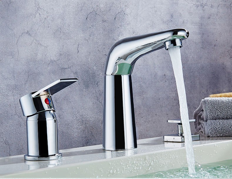 九思睿达浴室柜水龙头提拉下水器抽拉式三孔分体式水龙头铜冷热洗面盆