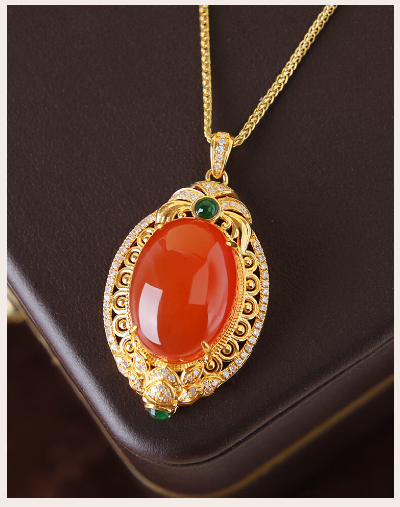 帛灵 高端奢华18k金镶保山南红蛋面吊坠女满镶钻石 原矿冰红宝石项链