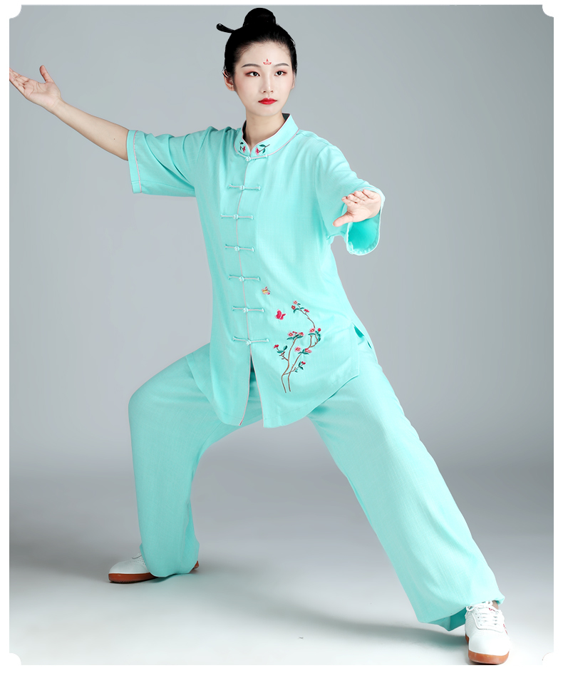 夏天新款太极服女棉麻中短袖夏季武术表演服高端太极拳练功服套装透气