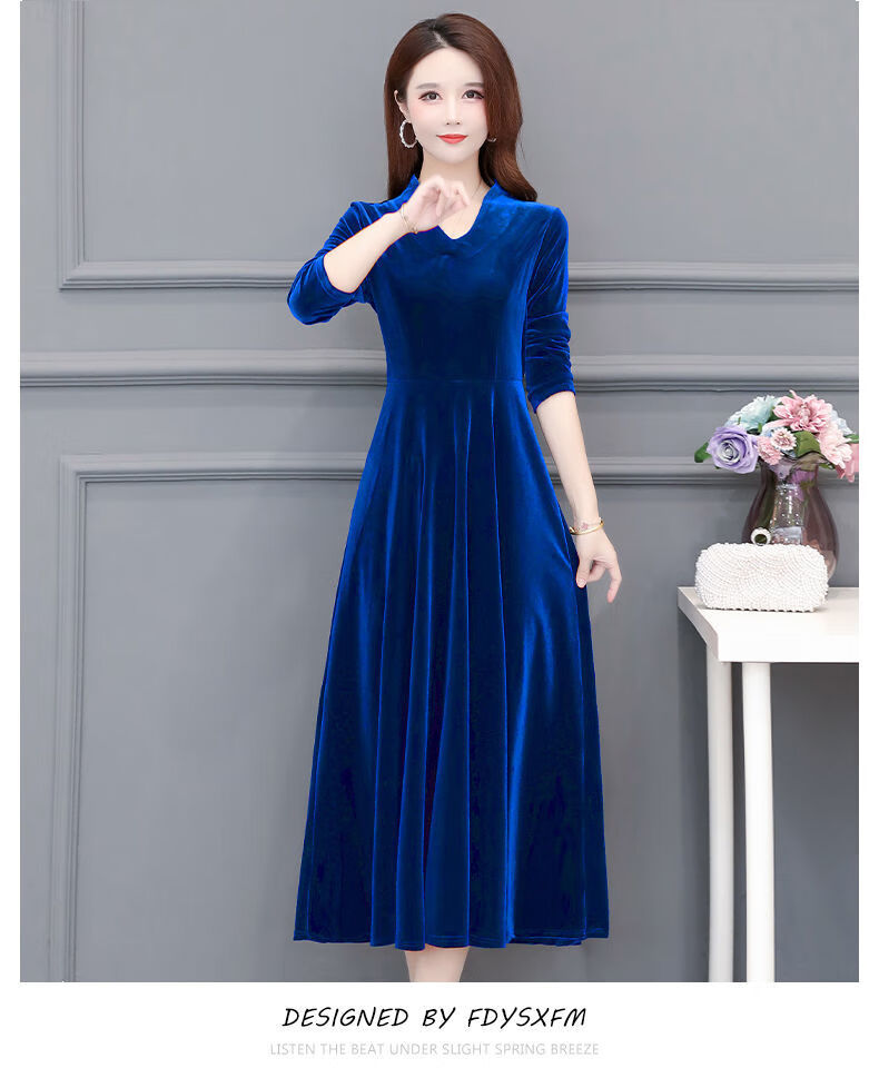 骑士加绒/不加绒春秋冬新款修身显瘦金丝绒连衣裙长款晚礼服 宝蓝色