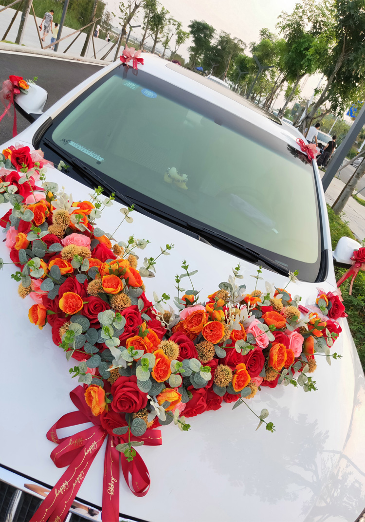 婚车装饰大v主婚车装饰车头花套装仿真尤加利玫瑰创意立体结婚庆用品