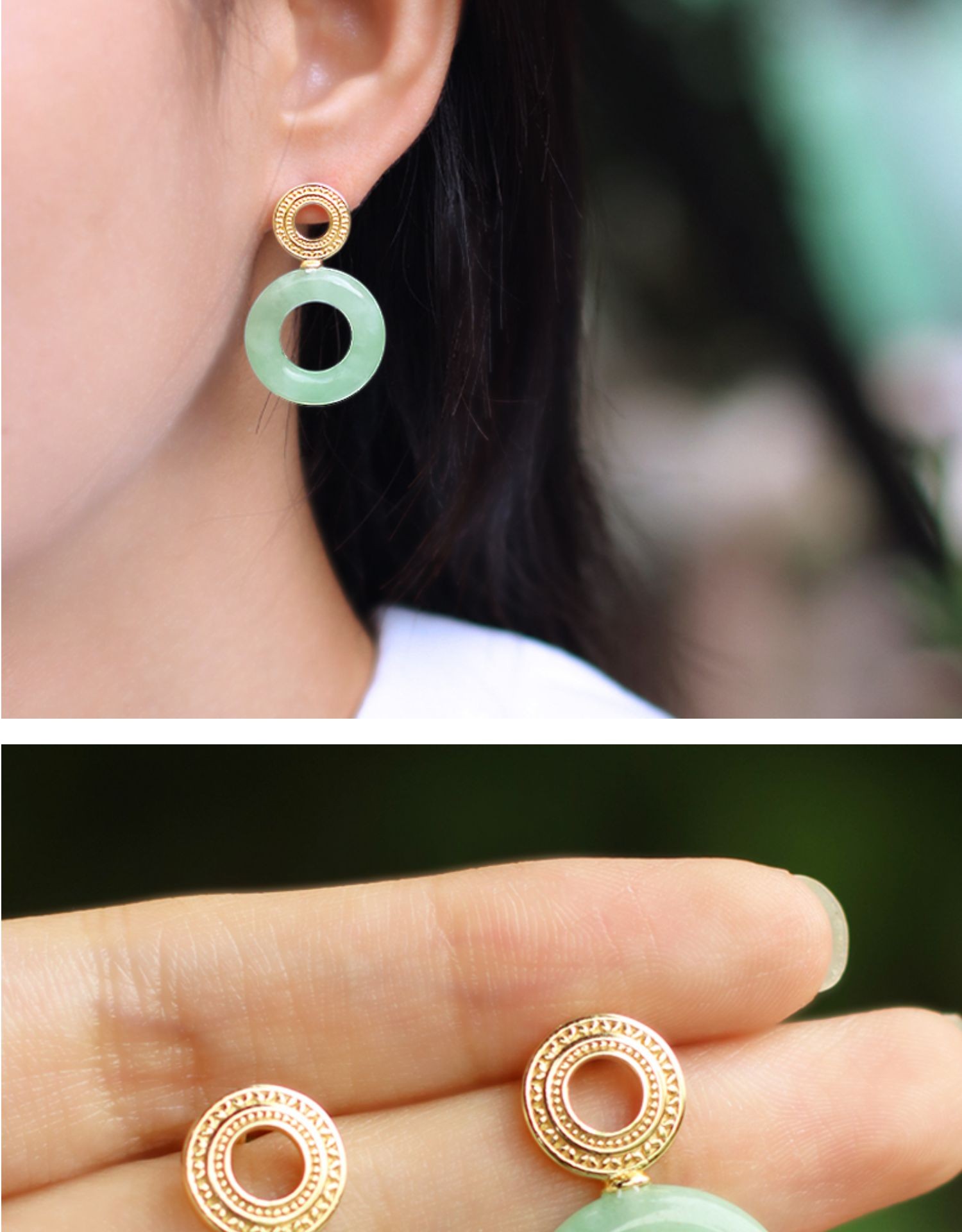 情冰天然翡翠甜甜圈耳钉复古圆圈花纹镶嵌平安扣玉石耳环原创图片色
