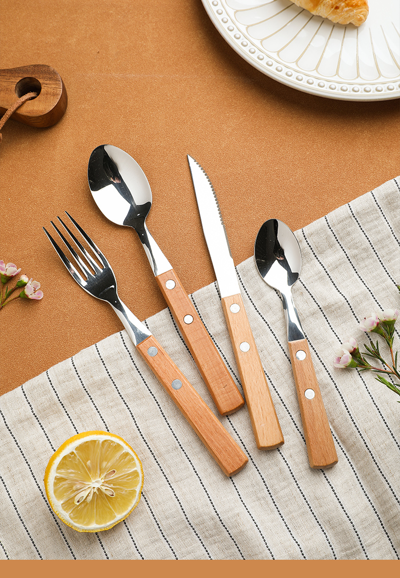 tinyhome牛排刀叉勺四件套ins不锈钢叉子家用仿木纹西餐餐具套装主餐