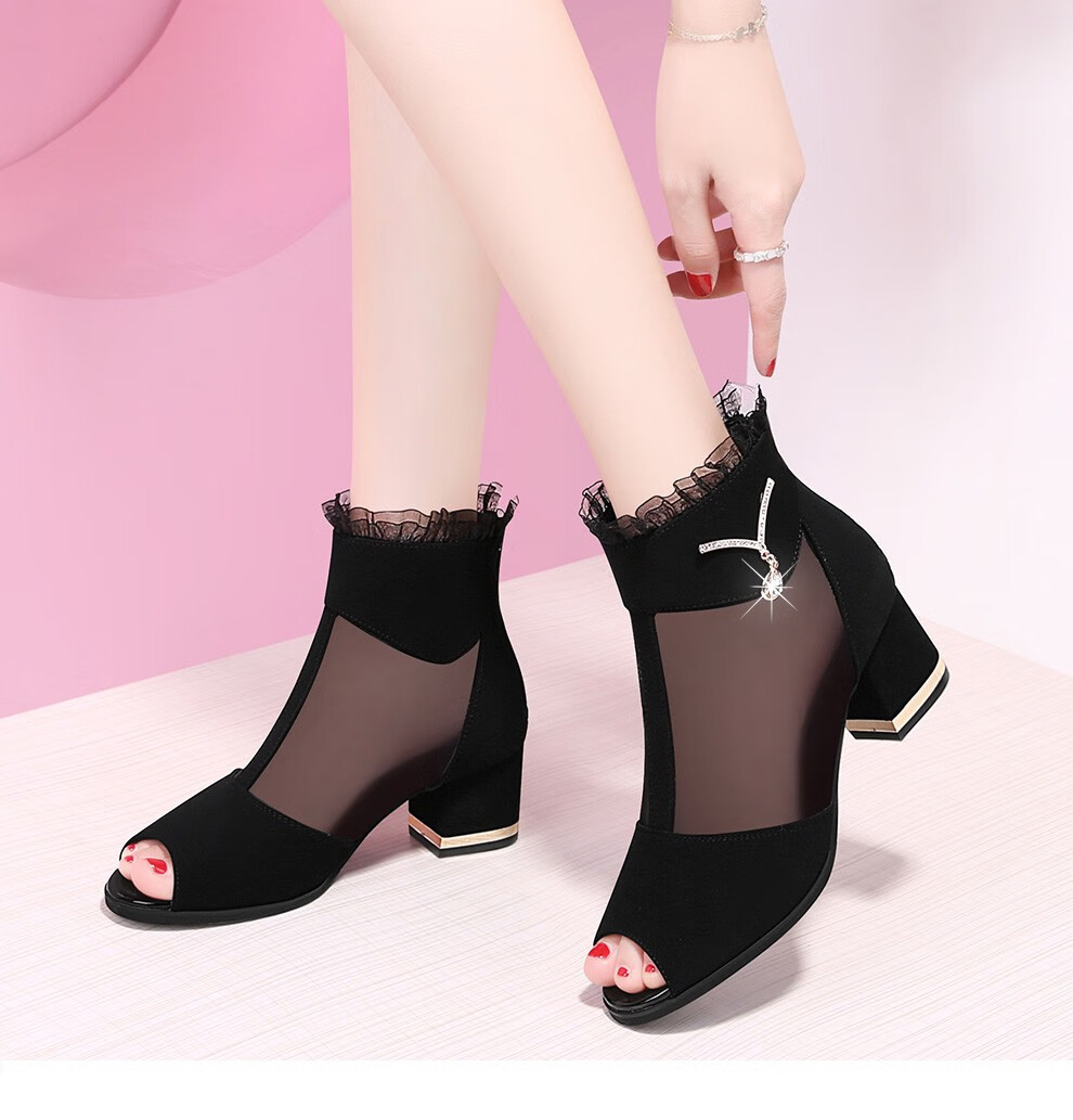 网纱单鞋女夏季夏新款时装鞋圆头粗跟凉靴后拉链金属