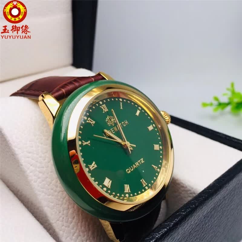 玉御缘天然和田玉玉石手表男女款礼物防水碧玉手表石英表真皮金色带