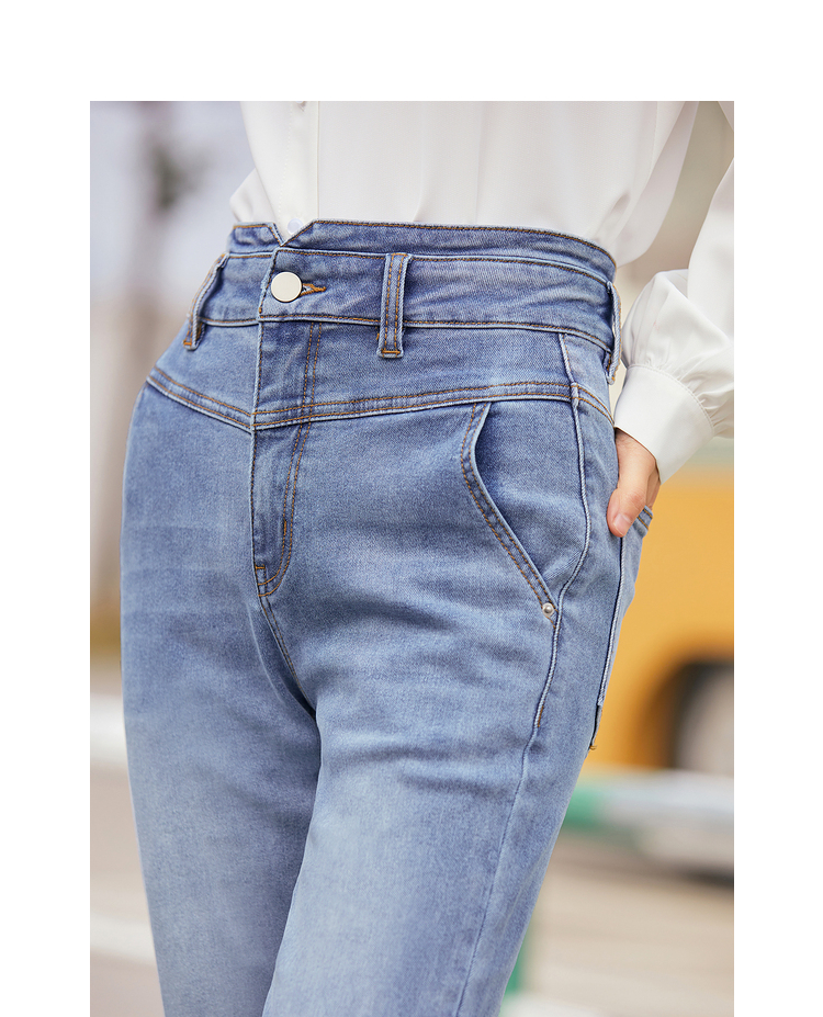 红袖微喇牛仔裤春季2022新款女装小v字显瘦高腰长裤牛仔蓝071xs