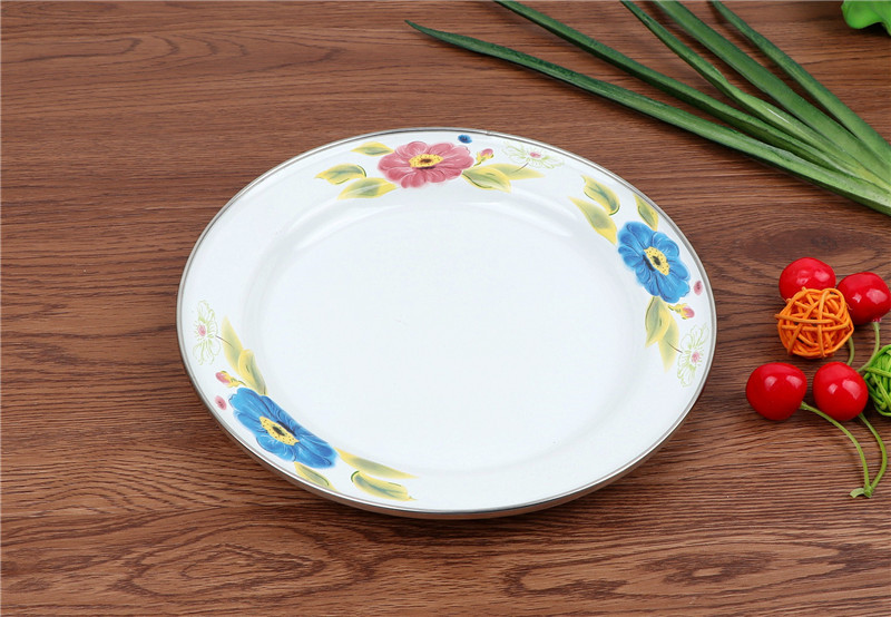 加厚搪瓷菜盘搪瓷盘圆盘不锈钢包边盘子搪瓷盆盘搪瓷菜碟 心花路放