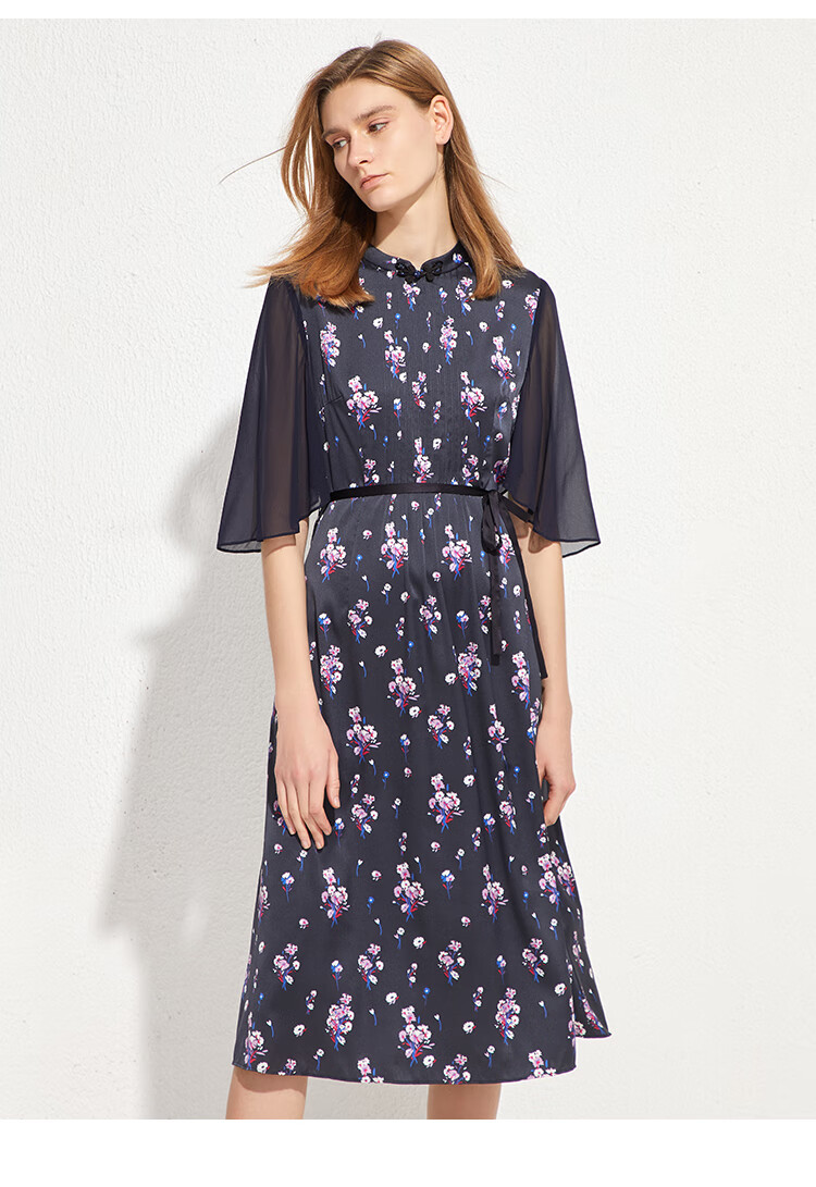 zb/珍贝印花真丝连衣裙2020夏季新款通勤小立领桑蚕丝长裙短袖018 藏