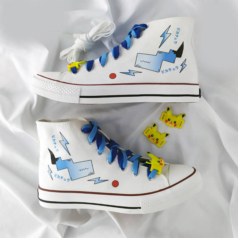 涂鸦高帮帆布鞋小鞋女学生百搭板鞋新款韩版皮卡丘女鞋手绘鞋 小白鞋