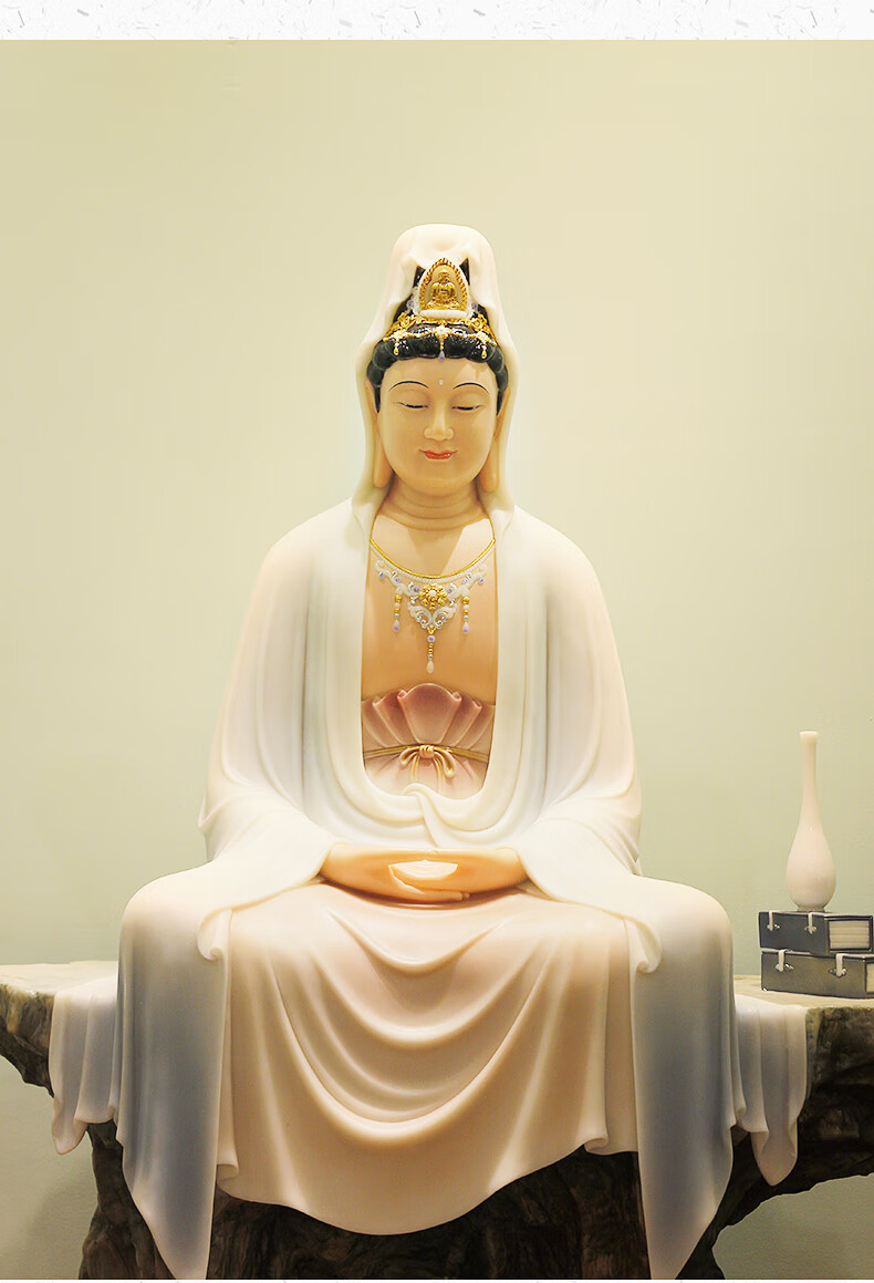 汉白玉观世音菩萨佛像摆件居家供奉神像观音像善财童子龙女玉石像