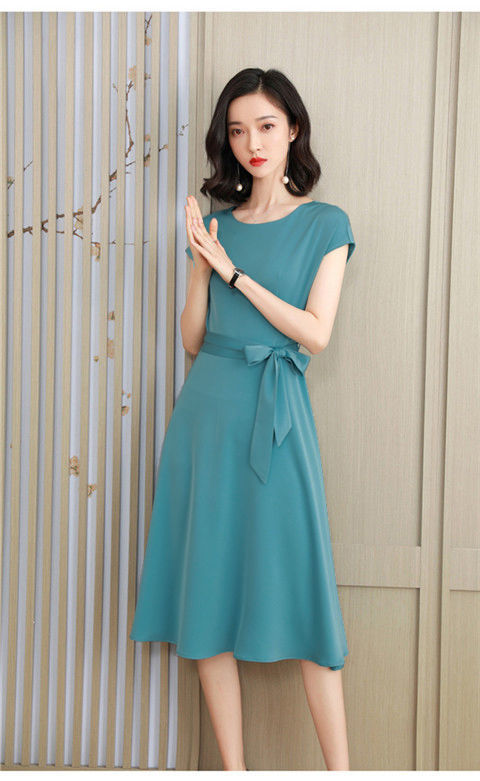 拉夏贝尔la仿真丝连衣裙女夏新款妈妈春装短袖宽松大i码收绑带显瘦中