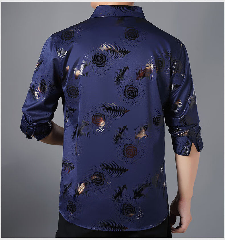 恒源祥授权店铺男士绣花衬衣感免烫抗皱冰丝土衬衫男长袖真丝商务高端