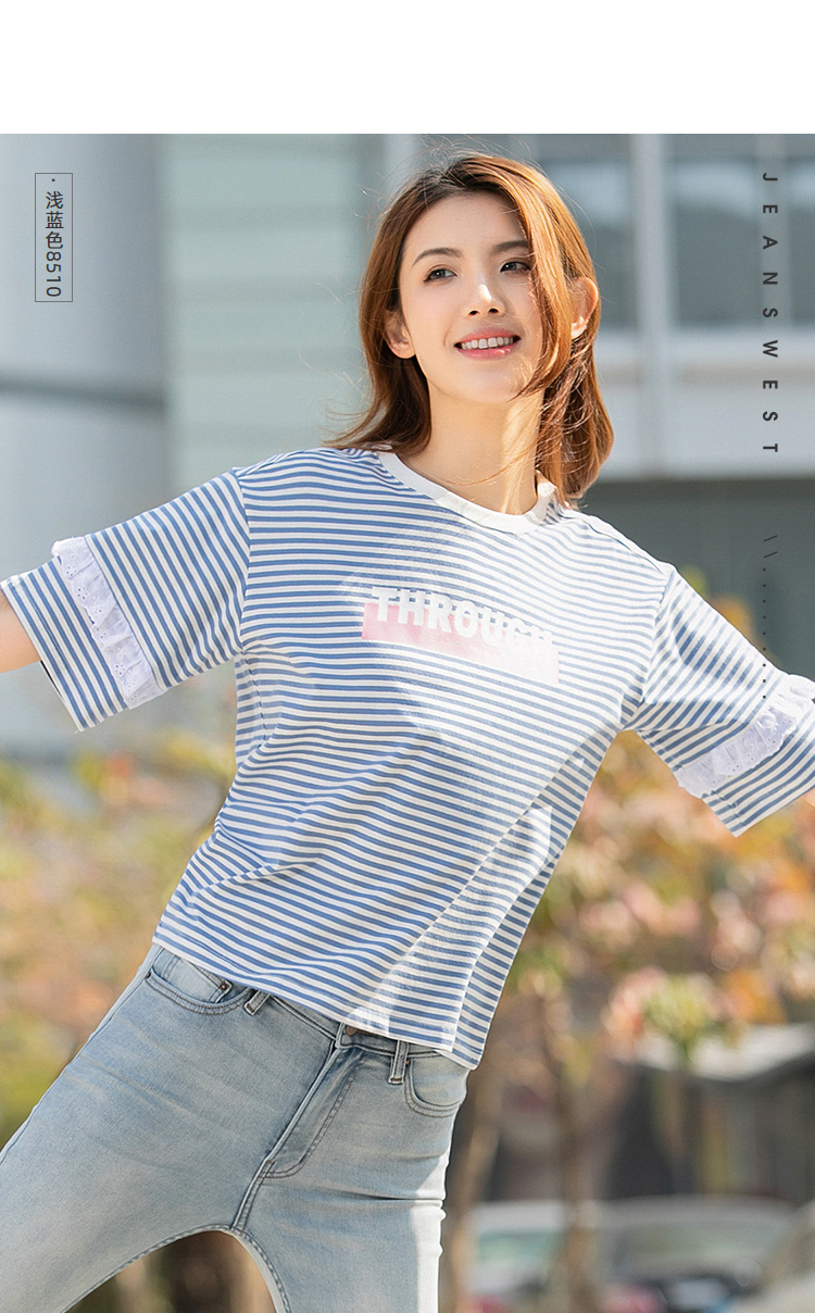 真维斯女装 夏装休闲时尚弹力圆领色织横间印花短袖t恤 浅蓝色8510 m