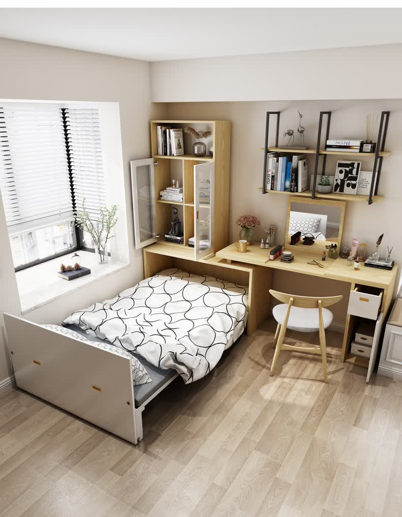 床 多功能折叠隐形午休床 书桌书架组合转角书柜一体家用办公电脑台桌