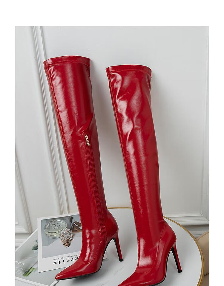 伪娘大码过膝长靴高跟弹力靴漆皮过膝靴伪娘长靴超大码高跟显瘦性感