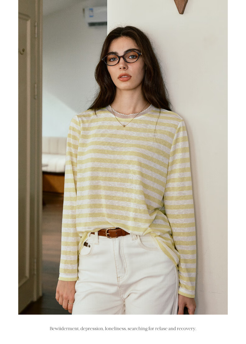 Oulain Round Neck Top Women's Clothing, Autumn New Style, Yellow Striped Pullover Long-Sleeve T-Shirt, Light Yellow, S 7