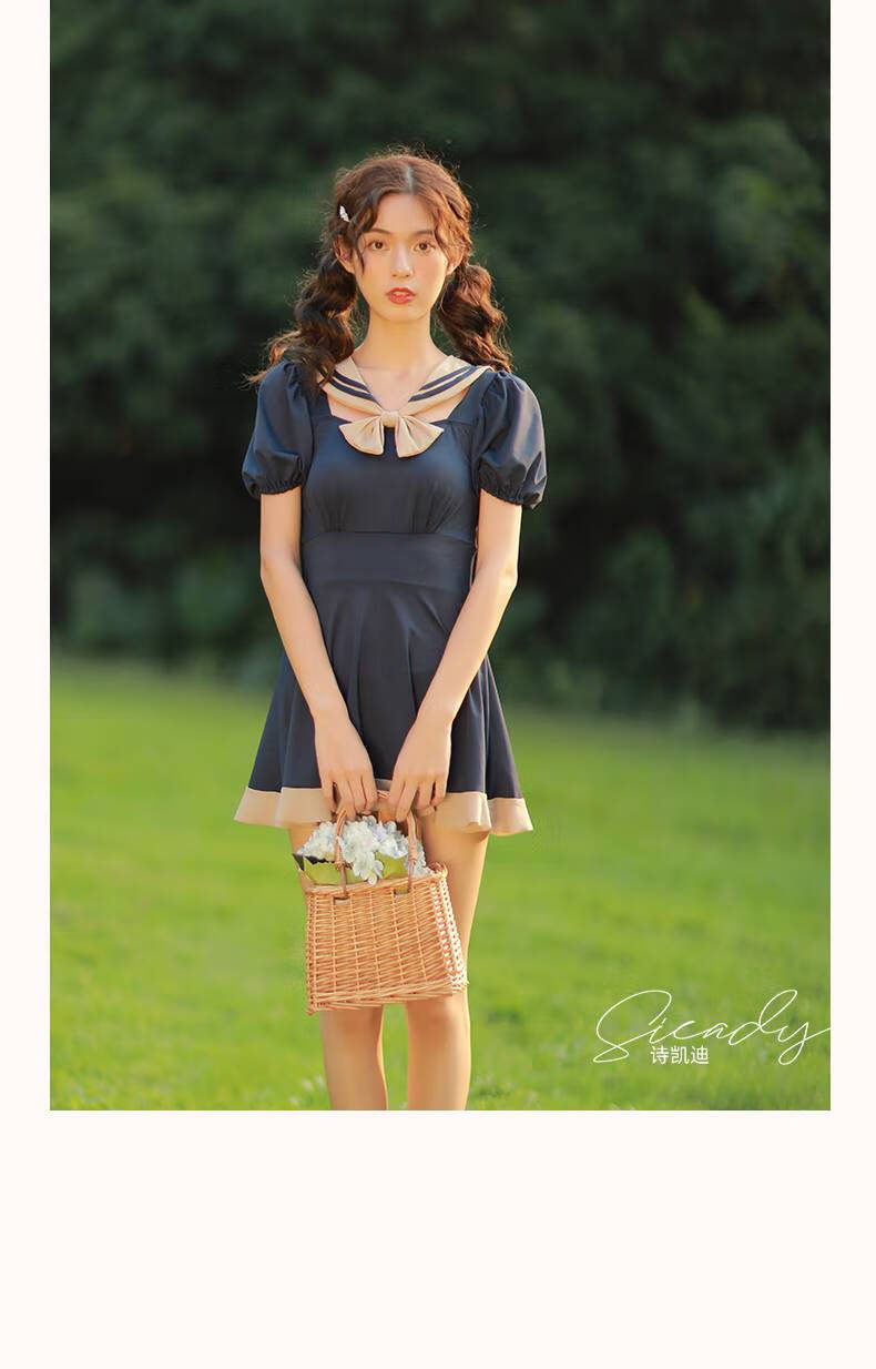 洛丽塔泳衣洛丽塔少女jk泳装水手服学院风复古显瘦遮肚温泉保守游泳衣