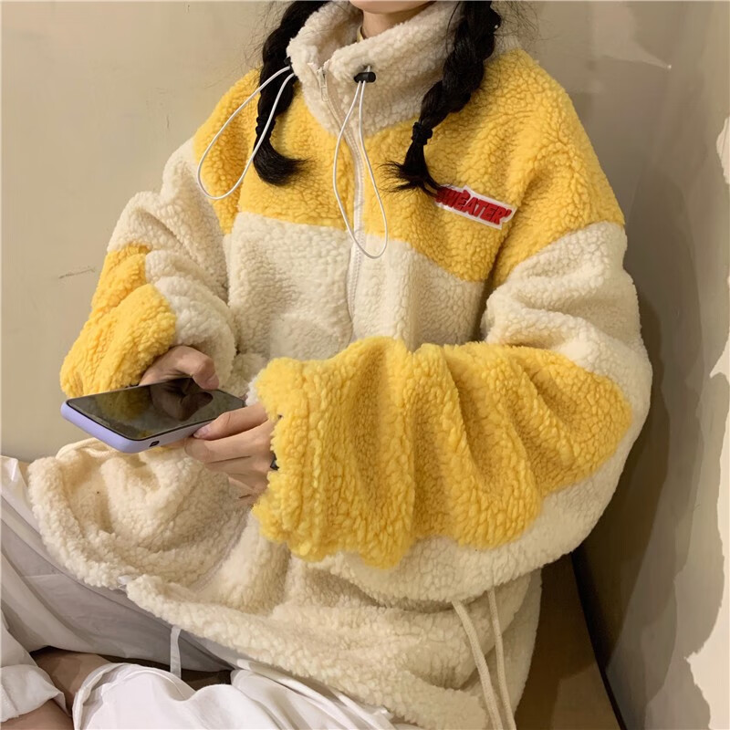 宋亚轩同款羊羔绒外套秋冬季加厚宽松立领oversizs情侣上衣女 黄色 s