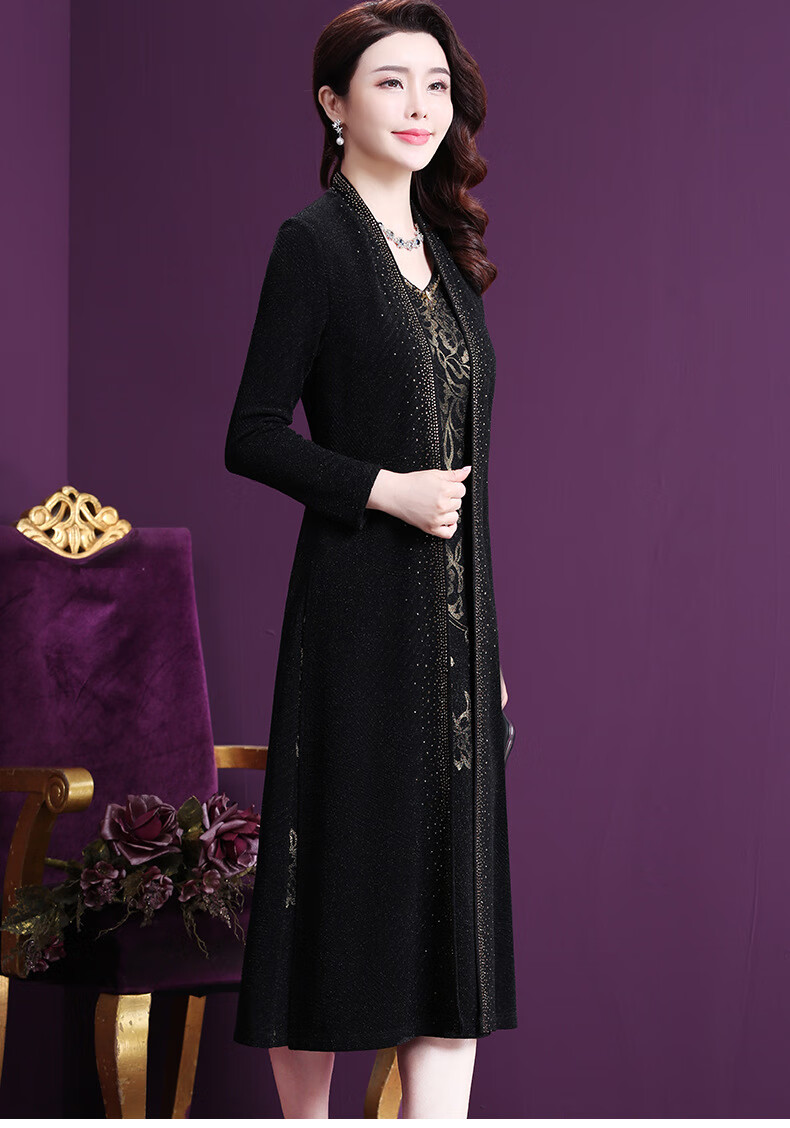 婚礼妈妈礼服冬款秋冬两件套装连衣裙高贵喜婆婆婚宴中老年女阔太太