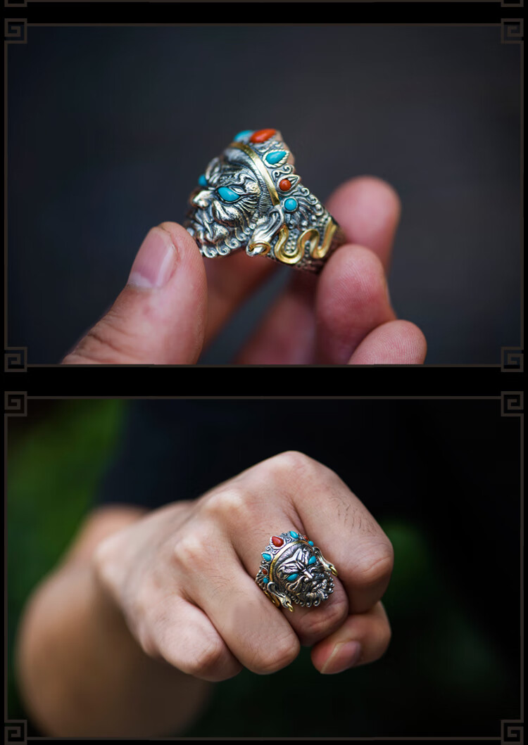 凡丘珠宝黄财神菩萨手工雕刻个性戒指s925银复古戒子男款霸气食指戒