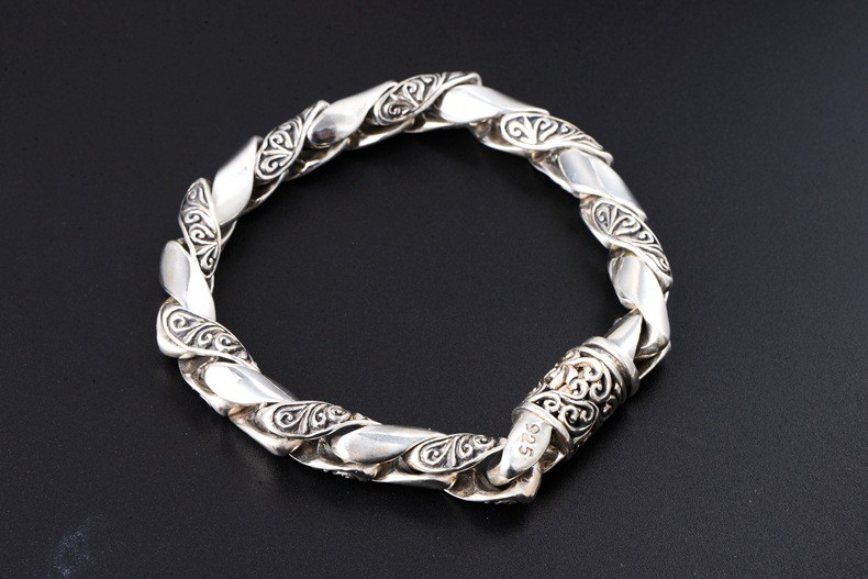 梦动925饰品复古做旧泰银男士霸气麻花手链七夕节礼物复古泰银男士