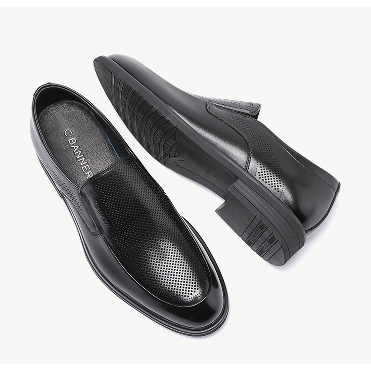千百度商务正装套脚皮鞋男夏季新透气镂空头层牛皮德比鞋男黑色39