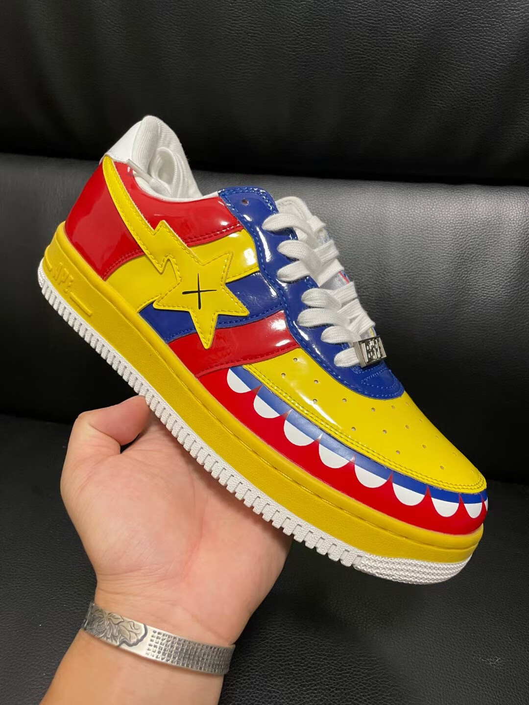 bapesta鞋子kaws联名流星漆皮年经典拼色男女情侣低帮休闲板鞋 黑色