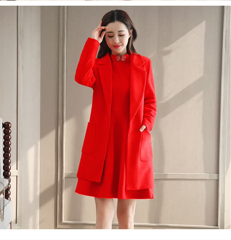 秋冬季中长款百搭毛呢外套新娘敬酒服结婚回门晚礼服女装加厚套装q