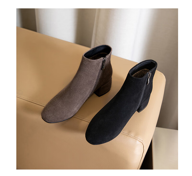 翻毛皮女半靴眞皮磨砂翻毛皮马丁靴短靴粗跟裸靴低跟工作鞋春秋大码