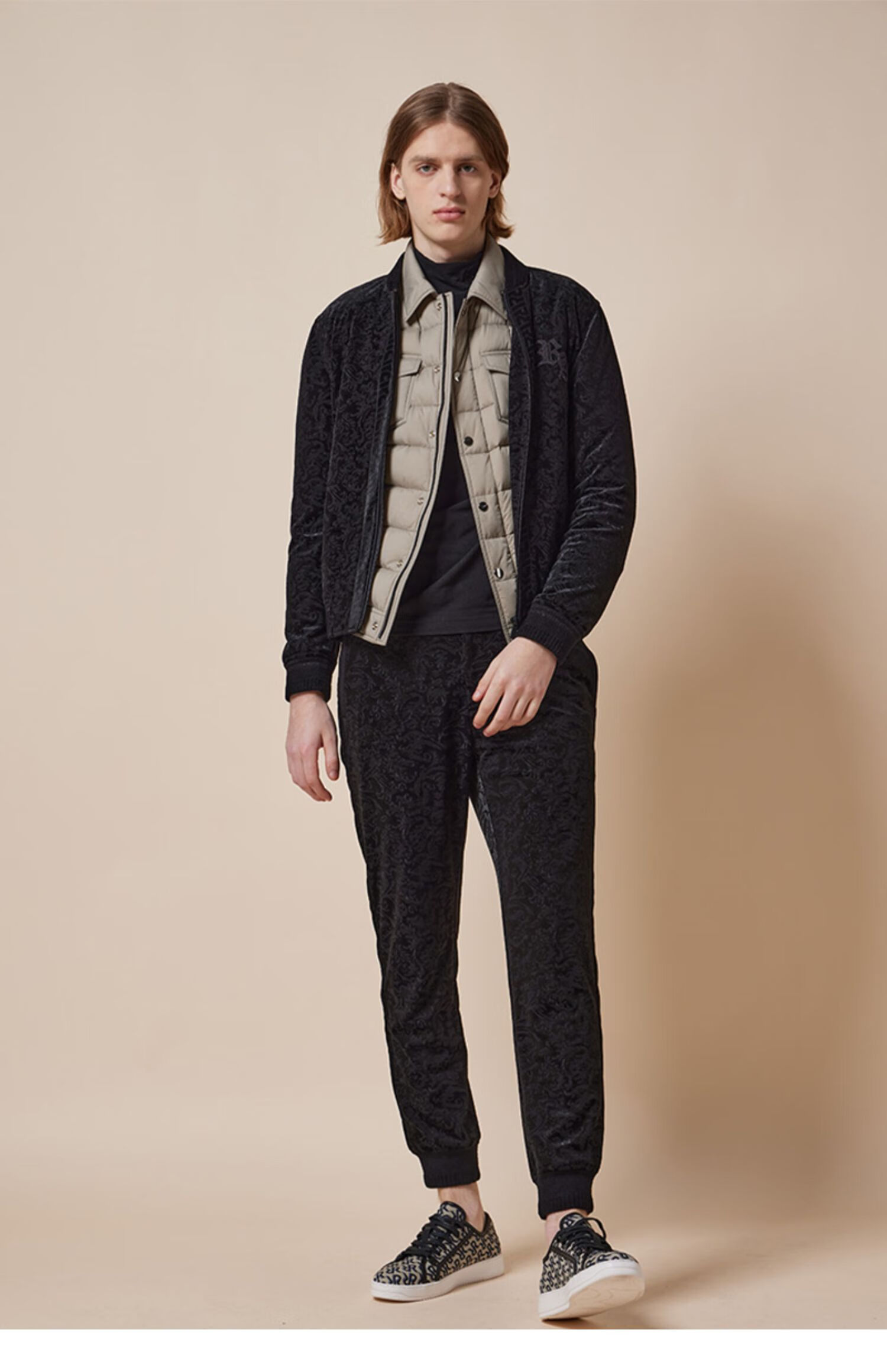 【父亲节礼物】意大利rare威雅奢侈品 男装男士休闲黑色丝绒提花拉链