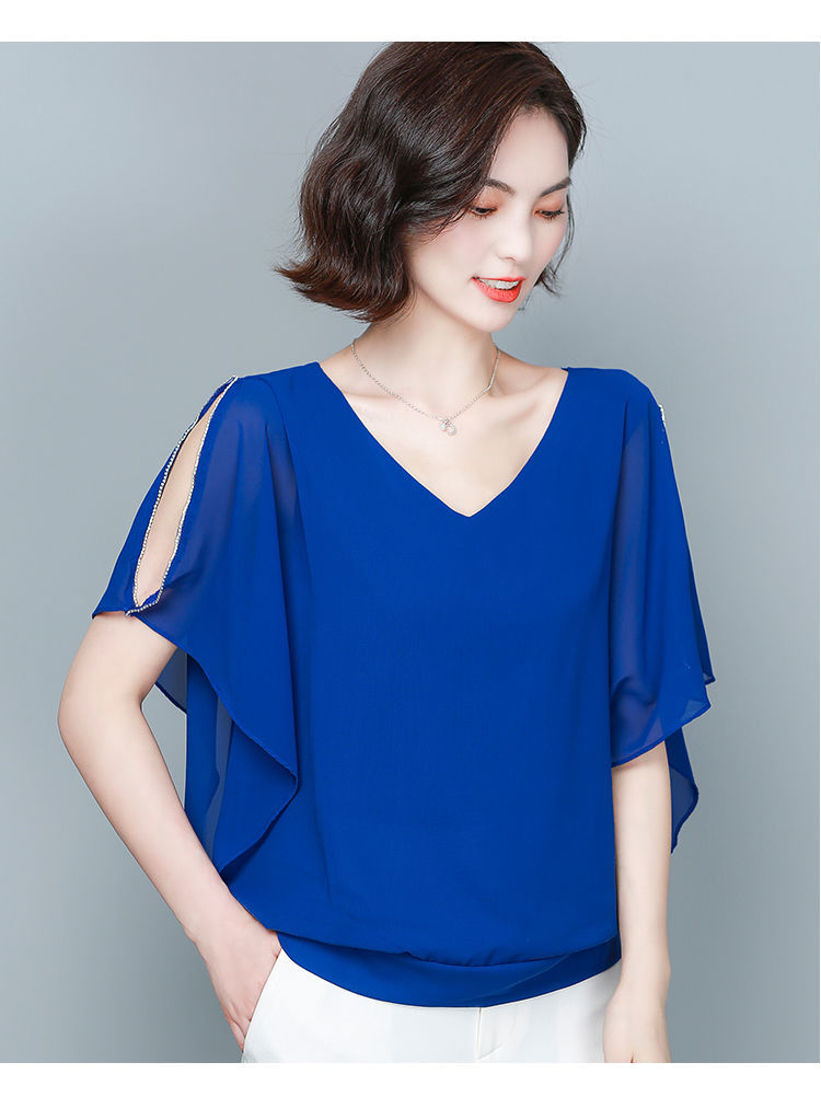 短袖雪纺衫女洋气上衣双v领蝙蝠衫遮肚子显瘦露肩衬衫女宽松15黑色m