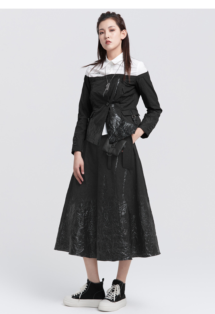 sdeer圣迪奥女装撞色字母拼接褶皱不规则衬衫s22180510黑色91m165