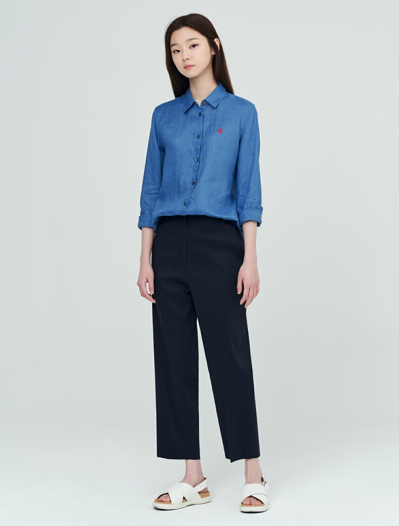 beanpole滨波2022春夏新款女士职场通勤亚麻舒适素色长袖衬衫藏青色