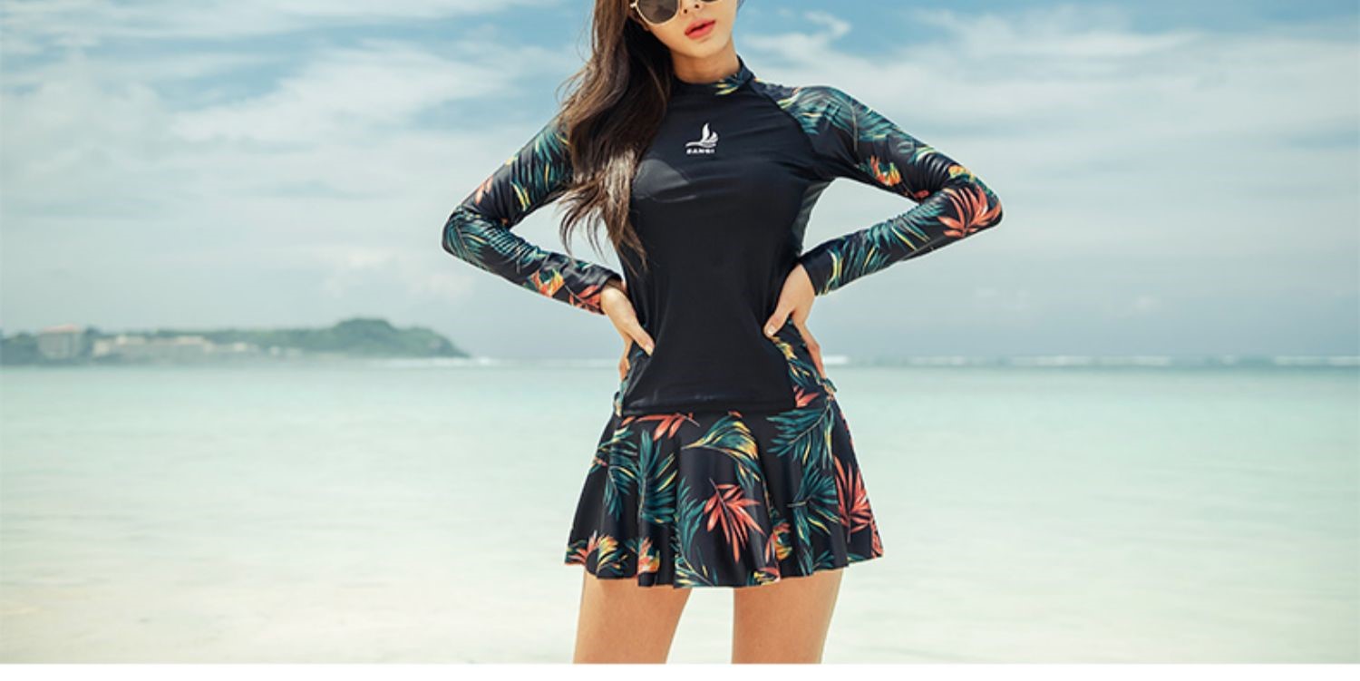 三奇长袖泳衣女士保守分体裙式显瘦遮肚运动韩国大码泡温泉游泳装桔色