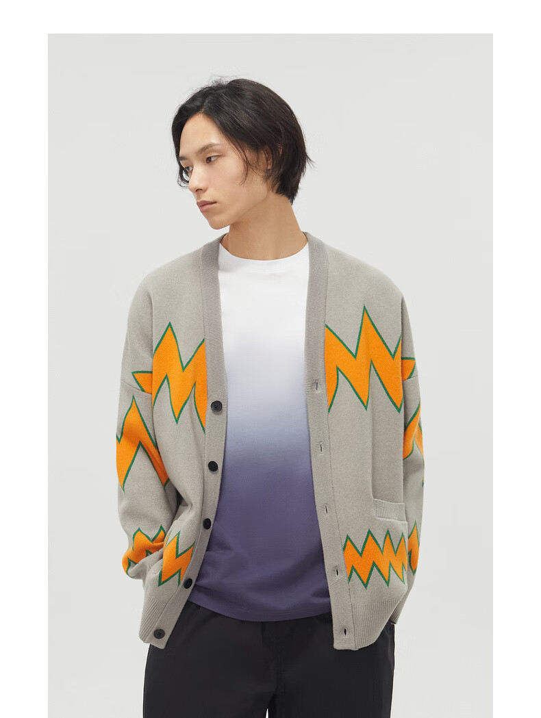 卡宾男装针织衫男秋冬新款几何毛衣开衫外套宽松廓形学院风ins情侣衫h