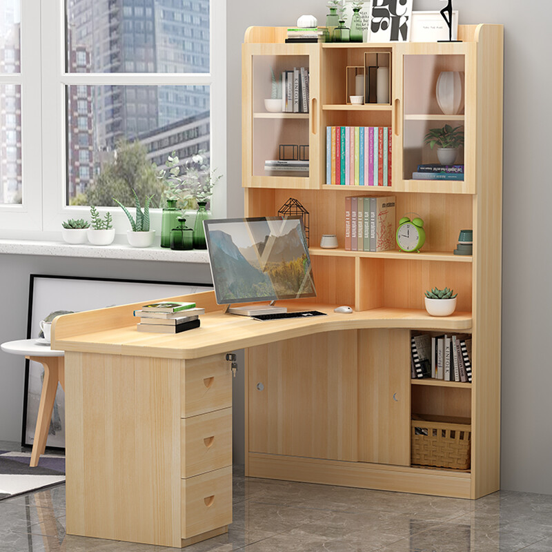 定制实木转角书桌书架组合家用带书柜一体学生写字桌电脑桌台式学习桌
