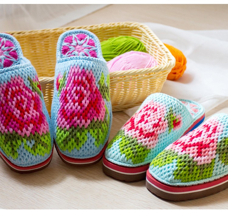 高档diy毛线钩织居家橡胶底四股棉线勾手工玫瑰花拖鞋材料包新款主