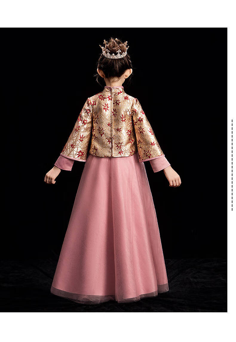 儿童旗袍2020新款汉服女童唐装古筝演出服秀禾服加棉新年装 粉红色加