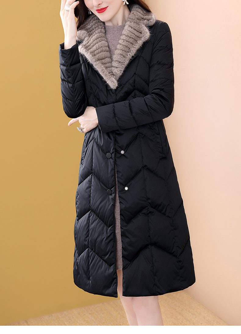 诗绪品牌黑色水貂毛领羽绒服女中长款冬季2019新款白鸭绒51236 黑色