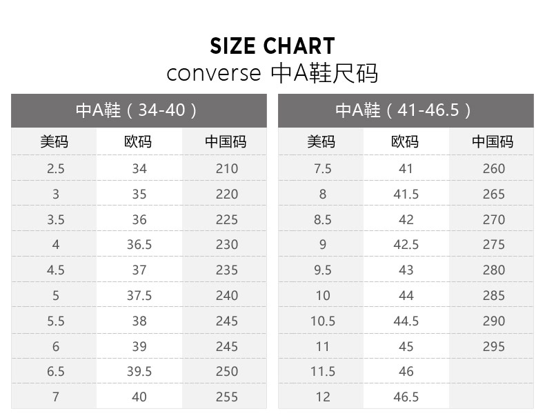 儿童匡威鞋码对照表图片