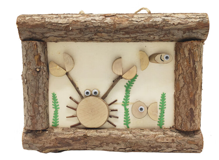 《幼儿园低结构材料区域活动diy木片木条木棍树皮画框创意造型动物 19