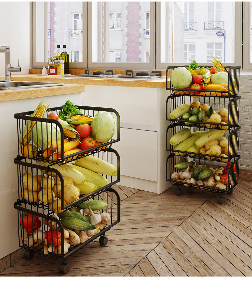 绩家不锈钢厨房置物架家用落地多层收纳架放菜架蔬菜架篮子水果收纳筐