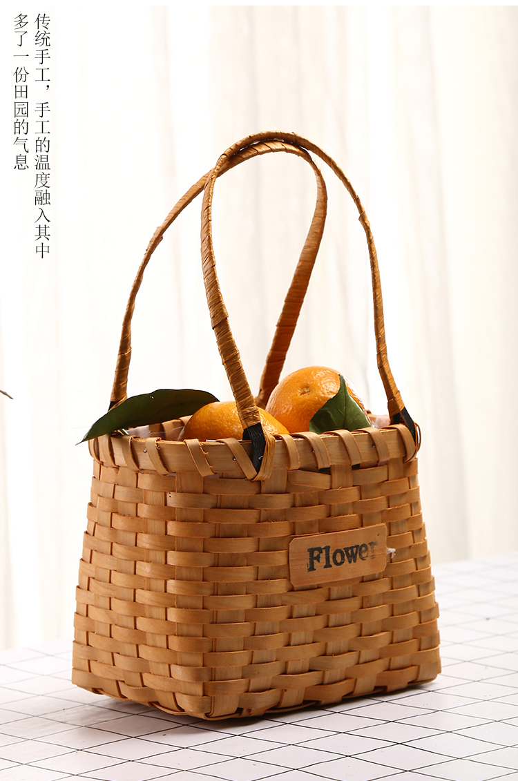 花篮筐木片手工编织花篮水果零食面包蔬菜姜蒜野餐手提篮藤竹编筐收纳